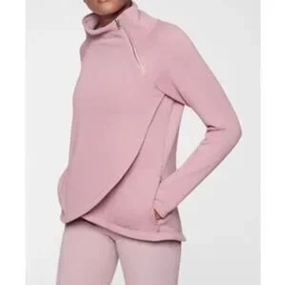 Athleta Cozy Karma Asymmetrical Zip Mock Neck Pullover Mauve Size S Thumbholes - Picture 1 of 15